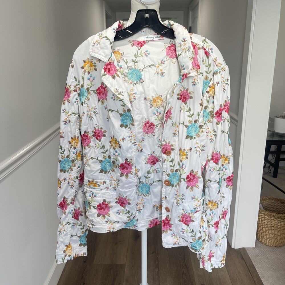 Johnny Was Embroidered Floral Blazer Size XL Vintage Boho Cotton Garden Happy